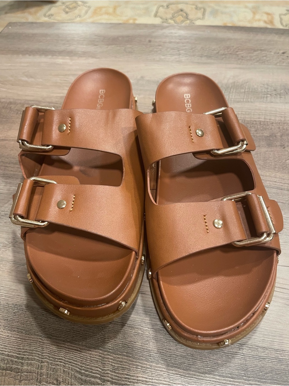 BCBG Cognac Leather Double-Buckle Platform Slides